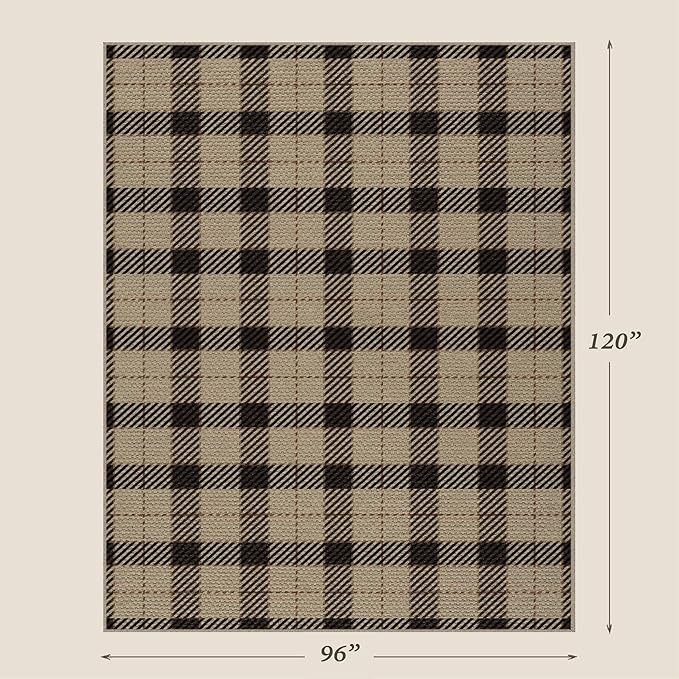 Washable Easy Jute Area Rug 8x10 for Living Room, Washable Checkered Plaid Area Rugs for Dining Room, Indoor Outdoor Non Slip Neutral Farmhouse Black and Beige Foldable Carpet