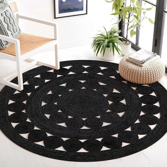 Hand Woven Braided Jute Rug - 5' Round - Black Reversible Farmhouse Rugs for Living Room, Bedroom, Dining Room, Kitchen - Natural Decorative Floor Boho Entry Area Rugs - Jute Round Rug 5ft