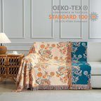 Boho Throw Blanket for Bed 80”x90”, 100% Cotton Woven Blanket for Couch Sofa, Ultra Soft 4-Layer Muslin Quilt with Floral Printed, Farmhouse Bed Blanket/Cover for Living Room Decor