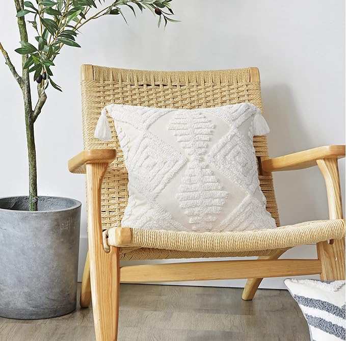 Boho Sofa Throw Pillow Covers – Exquisitely Crafted with Hand-Finished Tuft with Thick Cotton Tassel Details – Soft & Stylish Moroccan Decorative, 18x18inch (Spring Ruched)