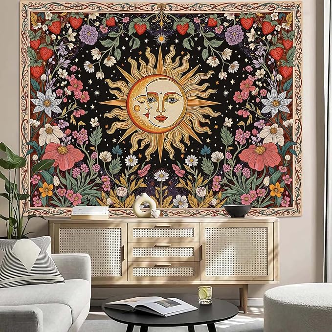 Accnicc Sun and Moon Tapestry Boho Vintage Floral Wall Tapestry for Bedroom Aesthetic Hippie Celestial Botanical Colorful Plant Small Tapestries Wall Hanging for Living Room Dorm 60 x 44 Inch