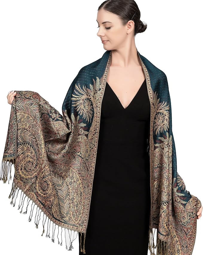 Achillea Reversible Paisley Pashmina Rave Scarf – Exotic Indian Shawls and Wraps for Evening Dresses, Festivals, All Seasons