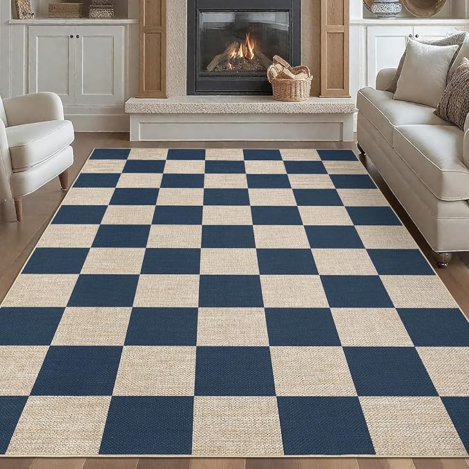 GarveeHome Checkered Easy Jute Area Rug 10x13 Machine Washable Non-Slip Stain Resistant Indoor Outdoor Rugs for Living Room, Bedroom, Kitchen, Dining, Patio Farmhouse Style Navy Blue