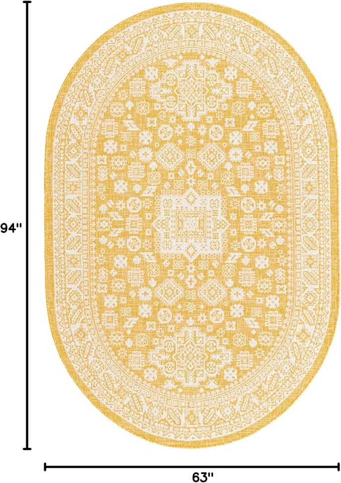 Rugs.com Outdoor Aztec Collection Rug – 5' x 8' Oval Yellow Flatweave Rug Perfect for Living Rooms, Large Dining Rooms, Open Floorplans