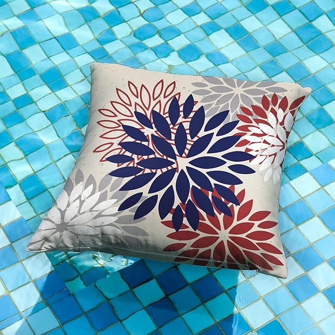 DFXSZ 4th of July Pillow Covers 20x20 Inch Set of 2 Patriotic Blue Red Floral Outdoor Waterproof Decorative Throw Pillows Polyester Pillow Covers Decor for Patio Funiture Garden Couch 002H20