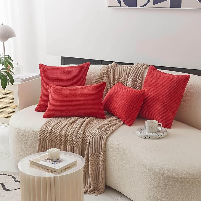 Home Brilliant 24x24 Pillow Covers Set of 2 Striped Plush Velvet Corduroy Euro Throw Pillow Shams Super Soft Cushion Cover for Couch Sofa Floor Decorations, 24 x 24 inch, Red