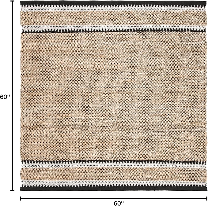 SAFAVIEH Natural Fiber Collection Area Rug - 5' Square, Natural & Black, Handmade Farmhouse Boho Coastal Rustic Jute, Ideal for High Traffic Areas in Living Room, Bedroom (NF874B)