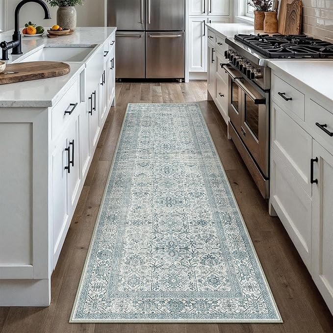 Blue Runner Rug 2x8 Hallway Washable Carpet Soft Vintage Indoor Kitchen Non Slip Bedroom Traditional Retro Distressed Throw Long Rug Bathroom Laundry Entryway Office Dining Room