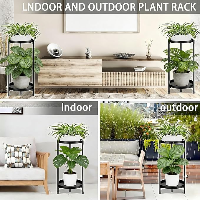 Plant Stand indoor outdoor - 2 Tier black Tall Metal Flower Pot Holder Potted Display Rack - Heavy Duty Corner Plant Shelf for Patio Garden Balcony Living Room Bedroom