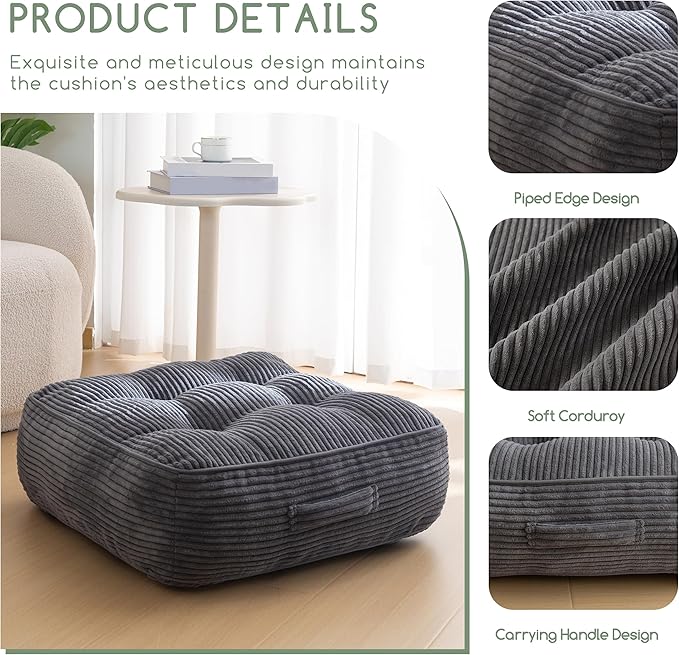 HIGOGOGO 8" Extra Thick Floor Pillow Cushion for Adults, Meditation Cushion Pillow, Large Square Floor Sitting, Tufted Corduroy Cover, for Tatami Living Room or Yoga, 22x22 Inch, 2Pack, Dark Grey