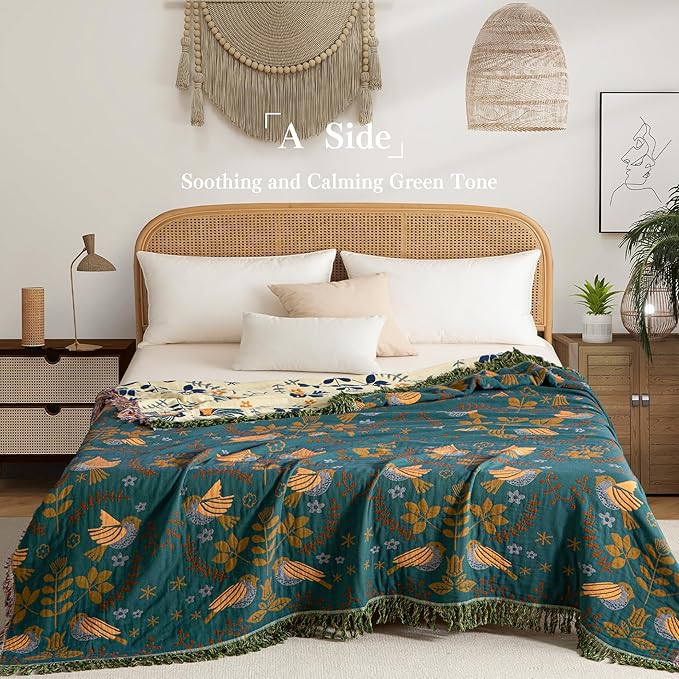 Boho Throw Blanket Throw Size, Soft Cozy Cotton Muslin Quilt Blanket for Bed Decor, Bird Patterned Couch Sofa Chair Cover, Vintage Farmhouse Cottage Tapestry Woven Blanket, Green&Beige