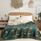 Boho Throw Blanket Throw Size, Soft Cozy Cotton Muslin Quilt Blanket for Bed Decor, Bird Patterned Couch Sofa Chair Cover, Vintage Farmhouse Cottage Tapestry Woven Blanket, Green&Beige