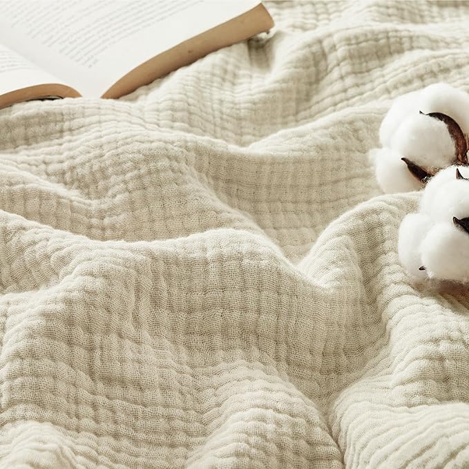 Bedsure 100% Cotton Muslin Throw Blanket Twin XL for Bed - 4-Layer Breathable and Lightweight Thin Soft Summer Gauze Muslin Blankets for Adults, Linen Beige, 66x90 Inches