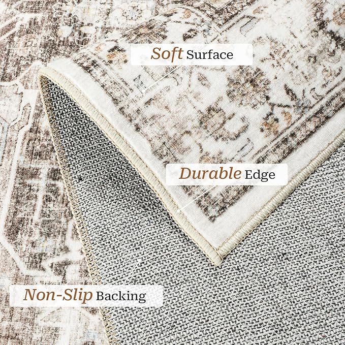 5x7 Area Rugs, Stain Resistant Machine Washable Area Rugs with Non-Slip Backing, Vintage Rugs for Bedroom, Living Room, Large Soft Low Pile Area Rug (White/Brown, 5'x7')