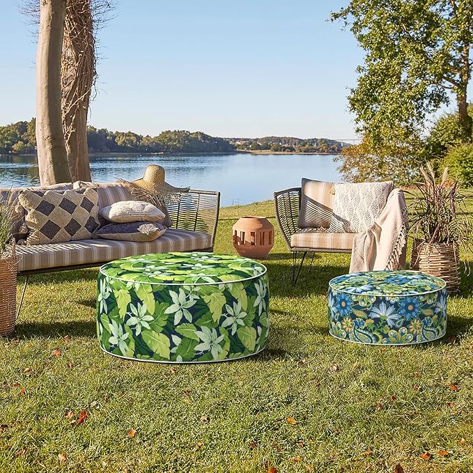 TWELAR Indoor/Outdoor Inflatable Ottoman with Handle, Decorative Fade-Resistant Round Footstool D21 x H9 inch, Portable Ottoman Pouf for Patio Garden Camping, Flower Child