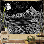 Zussun Black and White Mountain Forest Tapestry for Bedroom Aesthetic Dark Nature Lake Landscape Tapestries Wall Hanging Moon and Stars Wall Tapestry for Living Room Dorm 90 × 68 Inch