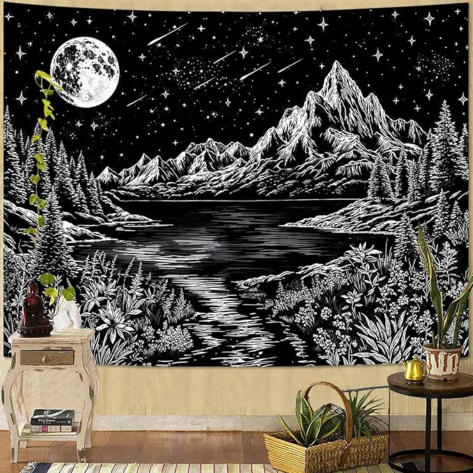 Zussun Black and White Mountain Forest Tapestry for Bedroom Aesthetic Dark Nature Lake Landscape Tapestries Wall Hanging Moon and Stars Wall Tapestry for Living Room Dorm 60 × 44 Inch