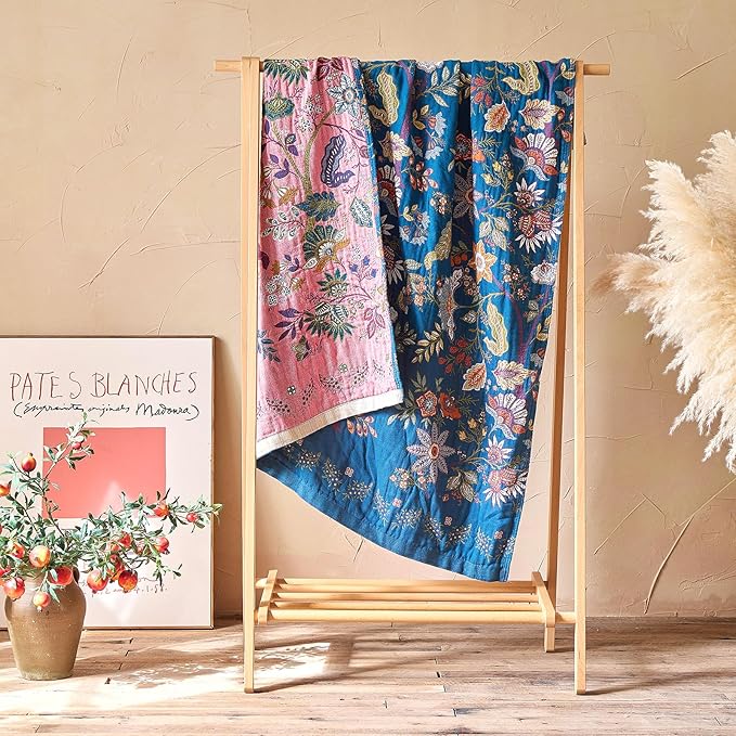 Boho Throw Blanket - 100% Cotton Ultra Soft Muslin Spring Blanket, 50"x60" Lightweight Floral Butterfly Framhouse Bedding Blanket for Bed, All Season Blue Bohemian Bedroom Home Decor Quilt