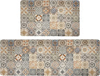 Boho Kitchen Rugs Set 2 Memory Foam Colorful Ceramic Comfort Tile Floor Mat Anti Fatigue Non-Skid PVC Runner Rug Water & Oil Proof Carpet for Kitchen Laundry Sink,17.3x28+17.3x47 Inch, C3