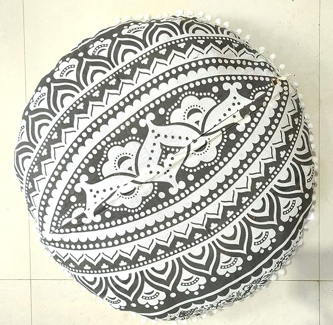 INDIAN CRAFT CASTLE 24" Grey Ombre Mandala Barmeri Large Floor Pillow Cover Cushion Meditation Seating Ottoman Throw Cover Hippie Decorative Zipped Bohemian Pouf Ottoman Pom Pom Cases 24" Round