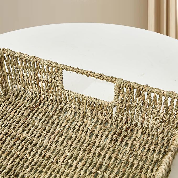 16.93 inch Rectangular Wicker Tray, Hand-Woven Rattan Serving Trays with Handles for Snack Drinks Coffee Table Tray, Seagrass 1Pack