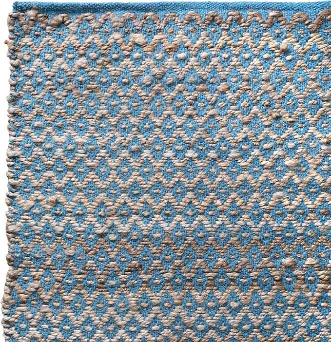 Jute Cotton Diamond Woven Rag Rug 2x3 Feet - Teal Natural, Reversible Small Soft Floor Décor Area Rugs Ideal for Entryway, Kitchen, Laundry Room | Boho Farmhouse Accent Sturdy Door Mat for Bedroom