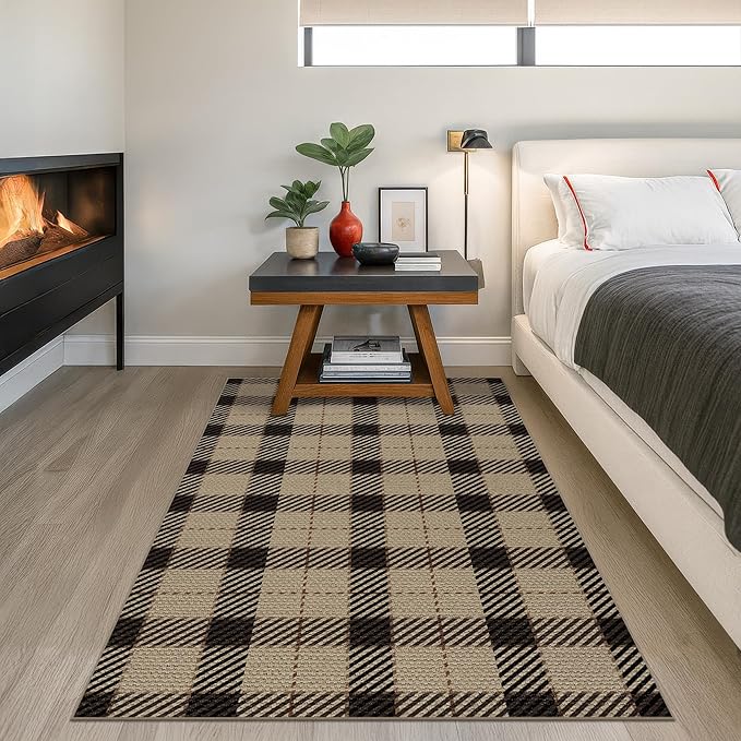Easy Jute Neutral 4x6 Rugs for Large Entryway, Buffalo Plaid Outdoor Mat for Front Porch, Washable Rugs for Indoor Outdoor Area, Bedroom Bedside, Small Living Room, Non Slip Black and Brown Décor