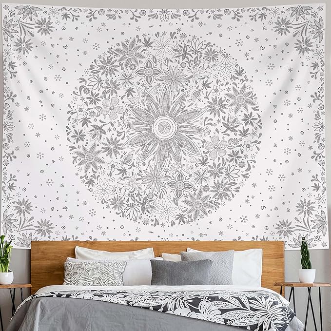 Neasow Bohemian Tapestry Wall Hanging, Gray Floral Tapestry with Dotted Daisy Medallion Print Bedroom Boho Hippie Home Decor, 50x60 inches