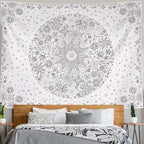Neasow Bohemian Tapestry Wall Hanging, Gray Floral Tapestry with Dotted Daisy Medallion Print Bedroom Boho Hippie Home Decor, 50x60 inches