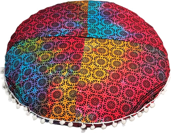 Round Mandala Floor Pillow Cover Seating Cushion Throw Cover Hippie Decorative Bohemian Ottoman Pouf Cover, Pom Pom Pillow Cases,Boho Indian 22 Inches (Multi Elephant Flower)