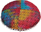 Round Mandala Floor Pillow Cover Seating Cushion Throw Cover Hippie Decorative Bohemian Ottoman Pouf Cover, Pom Pom Pillow Cases,Boho Indian 22 Inches (Multi Elephant Flower)