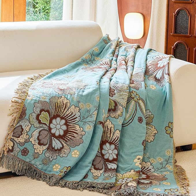 Boho Throw Blanket 60" x 80", 100% Organic Cotton Breathable Skin-Friendly Ultra Soft Bed Quilt Blue Throw - Floral Rustic Decor Luxury Reversible Blanket for Sofa Couch Chair and Gift,