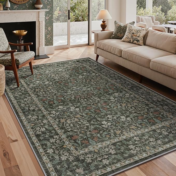 GENIMO 5x7 Washable Area Rug, Non-Slip Vintage Boho Floral Carpet, Soft Low-Pile Thin Bedroom Rug for Living Room, Dining Room, Nursery, Black