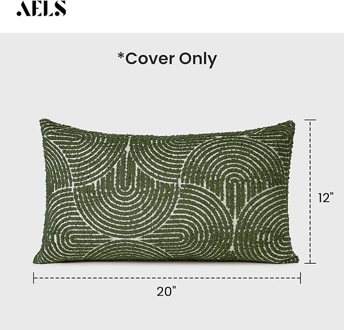 AELS Boho Decorative Textured Lumbar Pillow Covers 12x20, Modern Mid Century Rainbow Tufted Lumbar Pillow Case, Farmhouse Rustic Geometric Woven Cushion Case for Bed Couch Sofa, Olive Green