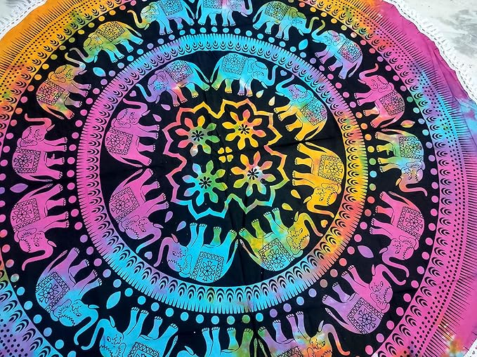 Round Beach Tapestry Turquoise Mandala Throw/Boho Hippie Beach Blanket Roundie/Indian Cotton Bohemian Large Round Table Cloth-Home Decor/Yoga Mat Meditation Picnic Rug (70", Multi Color)