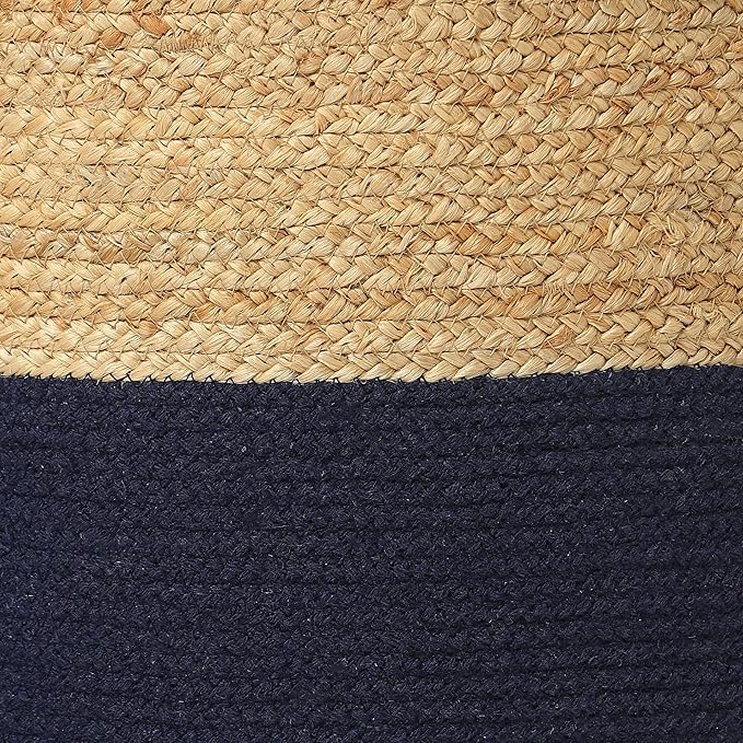 · REDEARTH · Cylindrical Pouf Foot Stool Ottoman - Jute Braided Pouffe Poof Accent Sitting Footrest for Living Room, Bedroom, Nursery, Patio, Lounge & Other Rooms (Navy Natural, 18"X18"X14")