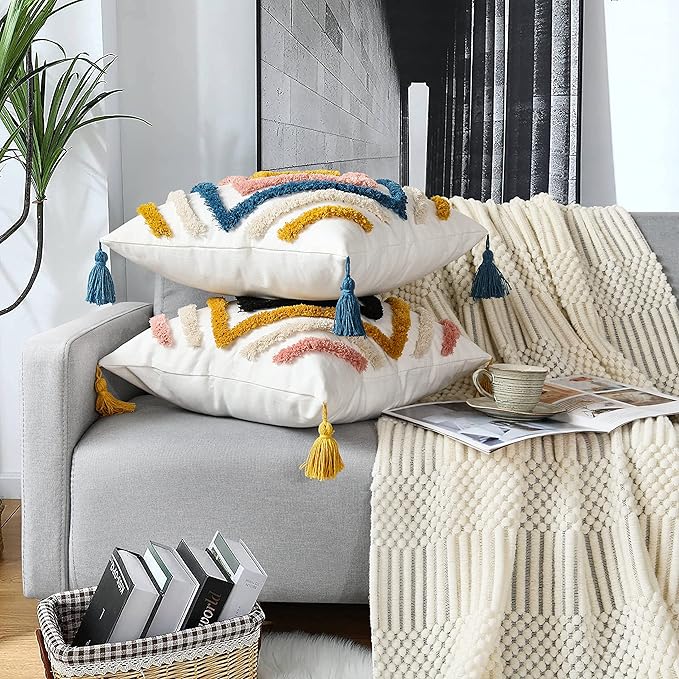 JASEN Boho Throw Pillow Covers, Woven Tufted Decorative Pillow Covers with Tassel Diamond Pattern Pillow Covers for Couch Sofa Bedroom Living Room No Pillow Insert, (Yellow, 18 x 18-Inch)