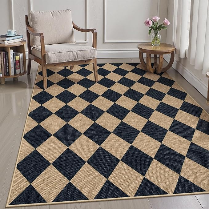 Lanffia Checkered Easy Jute 5x7 Outdoor Rug, Black Washable Rugs 5x7 for Living Room Neutral Indoor Outdoor Carpet, Non Slip Stain Resistant Checkerboard Rug for Backyard Dining Room Classroom