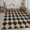 Lanffia Checkered Easy Jute 5x7 Outdoor Rug, Black Washable Rugs 5x7 for Living Room Neutral Indoor Outdoor Carpet, Non Slip Stain Resistant Checkerboard Rug for Backyard Dining Room Classroom