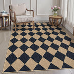 Lanffia Checkered Easy Jute 5x7 Outdoor Rug, Black Washable Rugs 5x7 for Living Room Neutral Indoor Outdoor Carpet, Non Slip Stain Resistant Checkerboard Rug for Backyard Dining Room Classroom