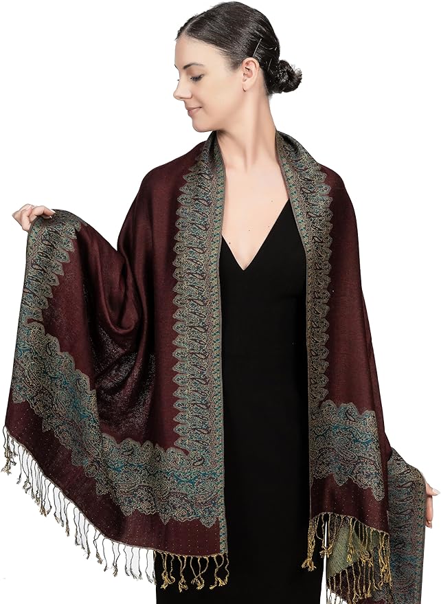Achillea Reversible Paisley Pashmina Rave Scarf – Exotic Indian Shawls and Wraps for Evening Dresses, Festivals, All Seasons