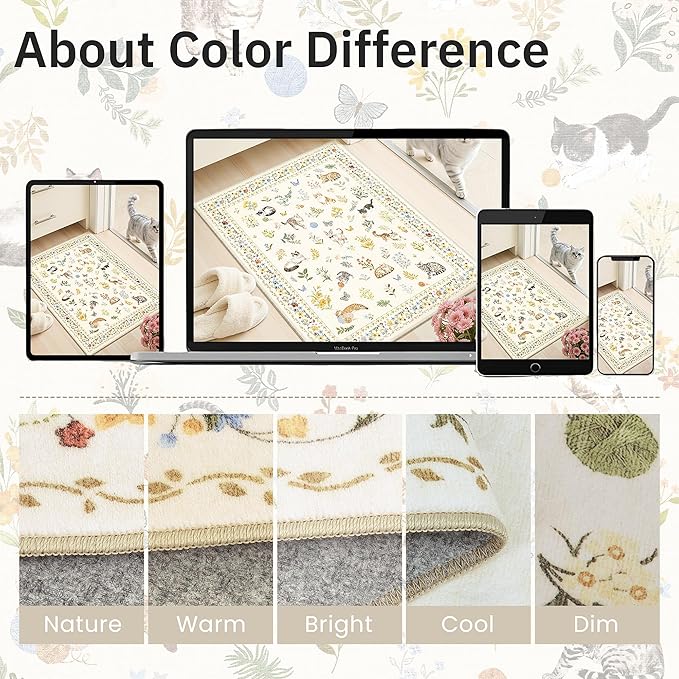 Cat 6x9 Area Rugs for Living Room, Machine Washable Animal Floral Vintage Rug Non-Slip Low Pile Soft Throw Rugs for Bedroom Dining Room Kitchen Nursery Playroom (6 x 9,Beige)