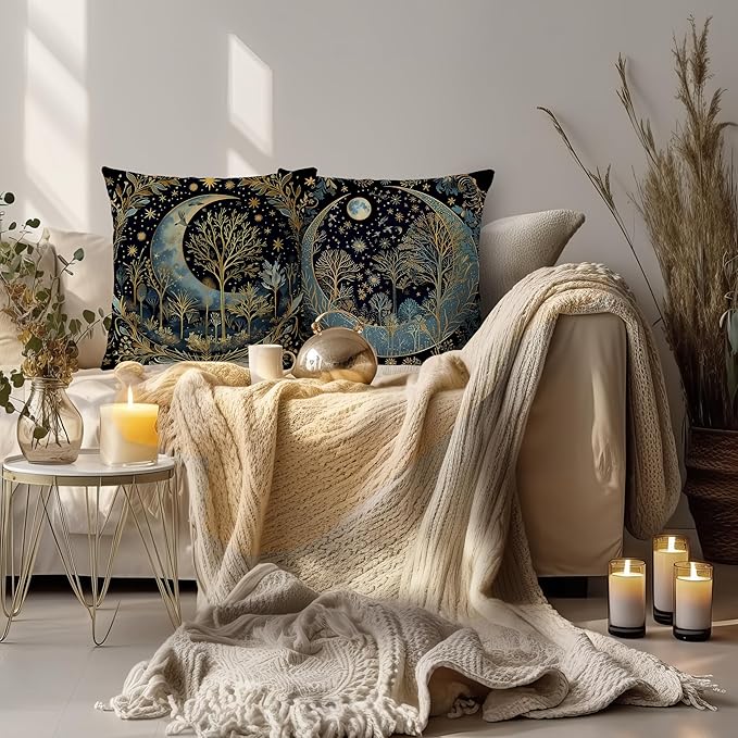 Vintage Dark William Morris Moon Night Forest Decor Pillow Covers 18x18 Set of 2,Black Forest Decor,Dark Dcademia Floral Decorative Throw Pillow Covers for Home Bedroom Living Room