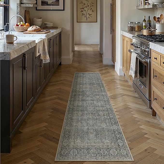 Grey Brown Runner Rug 2x6 Vintage Carpet Hallway Long Indoor Kitchen Washable Living Room Low Pile Traditional Distressed Retro Accent Throw Rug Non Slip Laundry Bathroom Office Dining Room
