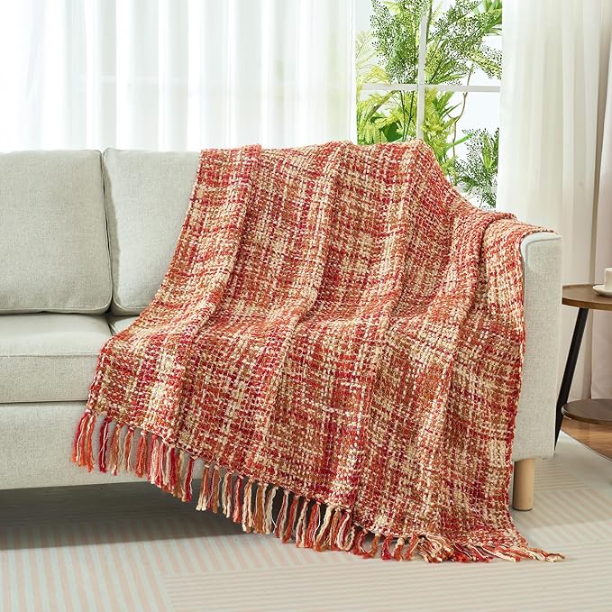 Multi-Color Dark Red Cable Woven Throw Blanket for Couch,60"X80" Boho Style Textured Blankets for Home Decor,Super Soft Warm Cozy Chunky Blanket with Decorative Tassels for Bed