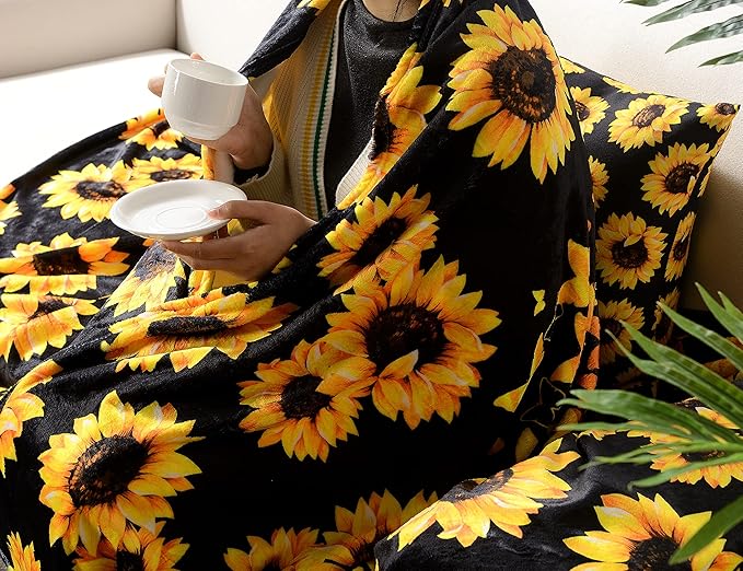 WIBUE Sunflower Throw Blanket 80"x60" with 2 Pcs Pillow Covers 18"x18", Decor Fleece Blanket for Women Men, Fuzzy Soft Cozy Warm Plush Gifts Blankets for Bed Sofa Couch Chair Living Room Bedroom