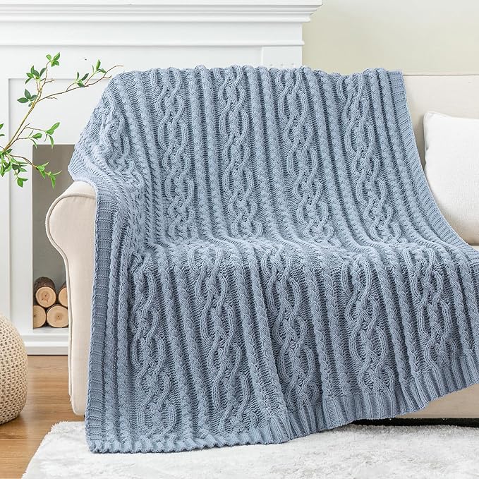 Battilo Bluish Grey Throw Blanket for Couch,51"x67", Super Soft Warm Cozy Chenille Knit Blankets for Bed, Sofa, Chair, Gift, Texture Decorative Boho Blanket for Living Room (Dusty Blue)