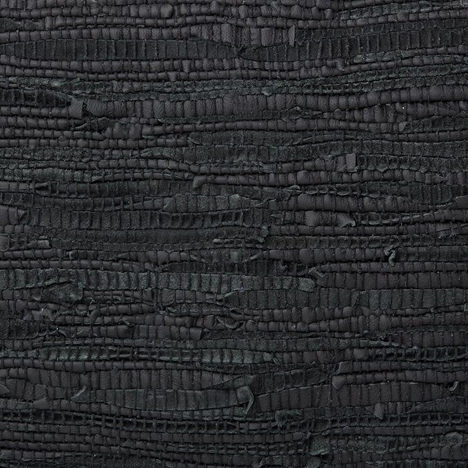SIMPLIHOME Fredrik Square Pouf - 18 inch Wide Genuine Woven Leather Ottoman in Black, Boho-Style Footstool or Extra Seating for Living Room or Bedroom with Polystyrene Bead Filling, Assembled