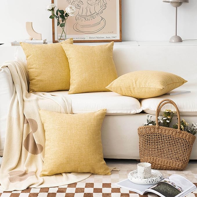 Home Brilliant Spring Pillow Covers 18x18 Set of 4 Textured Burlap Lined Linen Throw Pillow Covers for Couch Sofa Bed Summer Decor, 18 x 18 Inch (45cm), Yellow