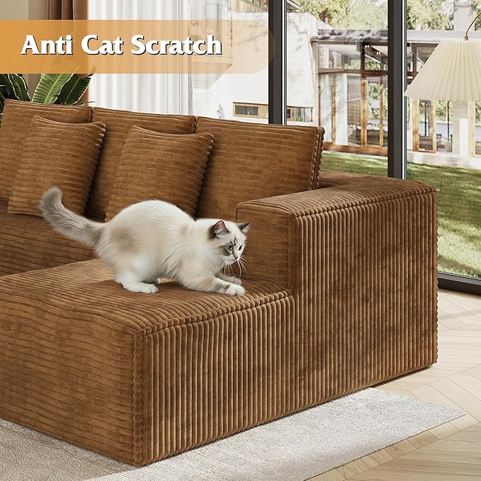 WLIVE 108'' Cloud Sectional Couches for Living Room, Modular Boneless Couch with Left Facing Chaise, L Shape Memory Foam Corduroy, with Cushion, Brown